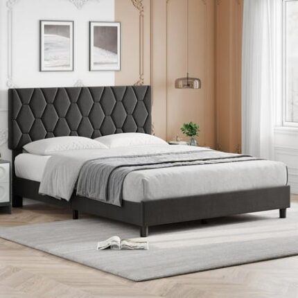 2025 New Modern Platform Bed Frame Bed Frame with Adjustable Headboard Linen Upholstered Bed Frame Bedframe with Solid Wood Slats Support No Box Spring Needed Noise Frame