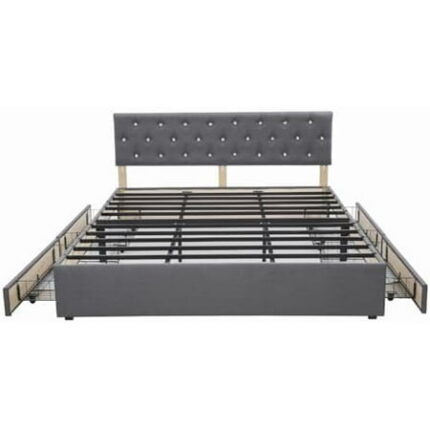 72 x 80 Modern Linen Fabric Grey Bed Frame with Crystals Headboard Upholstered Platform Bed Bedframe with 4 Storage Drawers and Headboard Metal Slats Support No Box Spring Needed