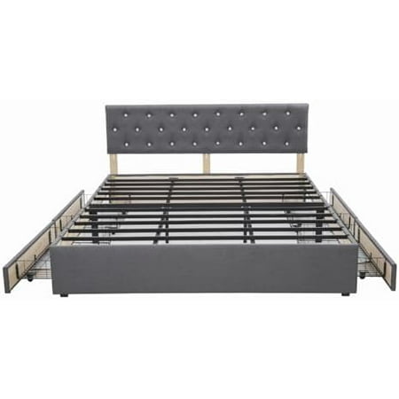 72 x 80 Modern Linen Fabric Grey Bed Frame with Crystals Headboard Upholstered Platform Bed Bedframe with 4 Storage Drawers and Headboard Metal Slats Support No Box Spring Needed 72 x 80 Modern Linen Fabric Grey Bed Frame with Crystals Headboard Upholstered Platform Bed Bedframe with 4 Storage Drawers and Headboard Metal Slats Support No Box Spring Needed