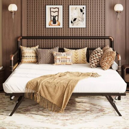 Acekool - Daybed with Trundle, Twin Daybed with Pop Up Trundle Set, Metal Twin Bed Frame with Steel Slat Support, Sofa BedFrame - Brown