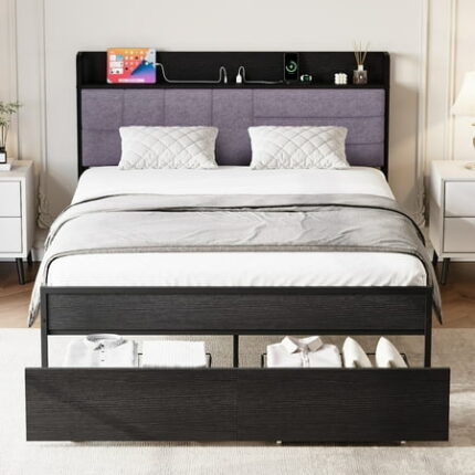 Ataucjin Full Size Bed Frame with Storage Drawers Grey Upholstered Headboard Bed Frames with Storage Shelf Black Bedframe with Charging Station No Box Spring Needed