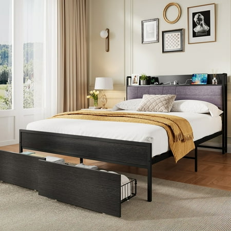 Ataucjin Queen Size Bed Frame with Shelf Headboard Heavy Duty Bed Frame with Storage Bed Frames with 2 Drawers Black Bedframe with Charging Station No Box Spring Needed Ataucjin Queen Size Bed Frame with Shelf Headboard Heavy Duty Bed Frame with Storage Bed Frames with 2 Drawers Black Bedframe with Charging Station No Box Spring Needed