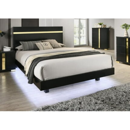 Bed Frame Black 1pc Queen Size Bed Underbed LED Modern Bedroom Furniture Acrylic Trim Mattress Ready Bedframe