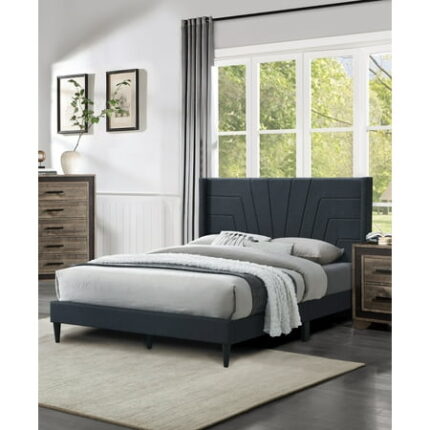 Bed Frame Charcoal Color 1pc Queen Size Bed Burlap Fabric Headboard Upholstered Bedroom Furniture Platform Bedframe