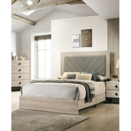 Bed Frame Contemporary 1pc Cream Finish California King Size Bed Bedroom Furniture Gray V-Design Headboard Rubberwood 1pc Bedframe