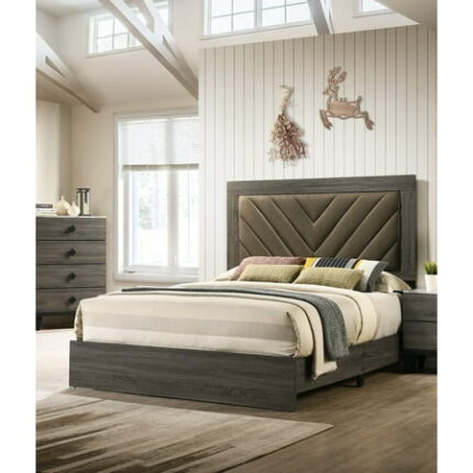 Bed Frame Contemporary 1pc King Size Bed Bedroom Furniture Upholstered Headboard Rubberwood 1pc Bedframe Gray Finish