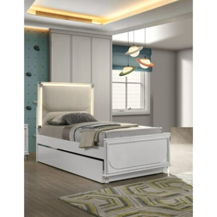 Bed Frame Contemporary Glam Pearl White Twin Size Bed Only LED Embossed Panel 1pc Bedframe Trundle Not Included.