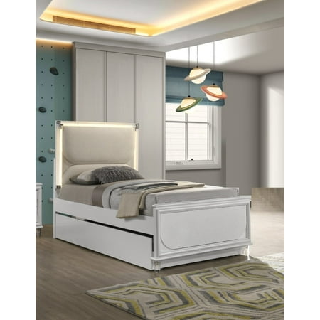 Bed Frame Contemporary Glam Pearl White Twin Size Bed Only LED Embossed Panel 1pc Bedframe Trundle Not Included. Bed Frame Contemporary Glam Pearl White Twin Size Bed Only LED Embossed Panel 1pc Bedframe Trundle Not Included.