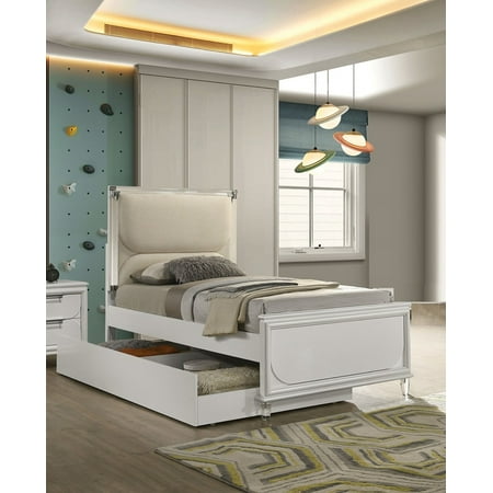Bed Frame Contemporary Glam Pearl White Upholstered Twin Size Bed w LED W Trundle Embossed Panel 1pc Bedframe Bedroom Furniture Bed Frame Contemporary Glam Pearl White Upholstered Twin Size Bed w LED W Trundle Embossed Panel 1pc Bedframe Bedroom Furniture