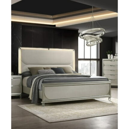 Bed Frame Contemporary Glam Silver Fabric Upholstered Queen Size Bed w LED Embossed Panel 1pc Bedframe Bedroom Furniture