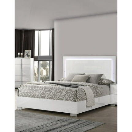 Bed Frame Contemporary White 1pc King Size Bed w LED Headboard UV Finish Bedframe Bedroom Furniture