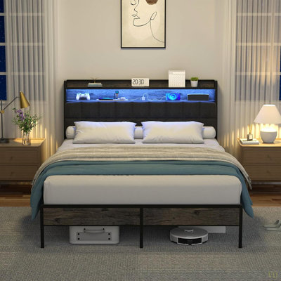 Bed Frame, Ergonomic Headboard With Multi-Space Storage, Bedframe With Charging Station RGB LED Lights