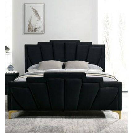 Bed Frame Glam Classic Black Flannelette Fully Upholstered Queen Size Bed Shell Tufting Padded HB 1pc Bedframe