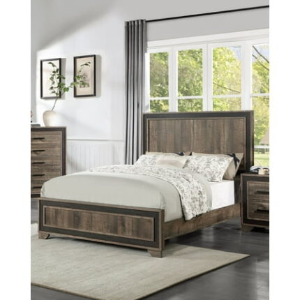 Bed Frame Oak Finish High Headboard 1pc Queen Size Bed Bedroom Furniture Bedframe Panel Design Wooden