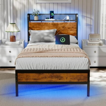 Bed Frame Twin Size with LED Lights & Charging Station Bedframe with Wood Storage Headboard Metal Platform Bed with Under Storage USB Port Strong Metal Slats No Box Spring Needed