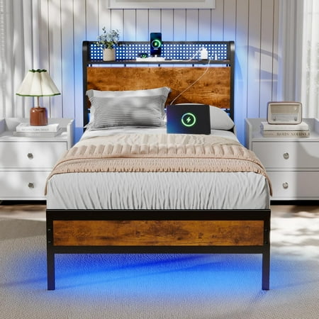 Bed Frame Twin Size with LED Lights & Charging Station Bedframe with Wood Storage Headboard Metal Platform Bed with Under Storage USB Port Strong Metal Slats No Box Spring Needed Bed Frame Twin Size with LED Lights & Charging Station Bedframe with Wood Storage Headboard Metal Platform Bed with Under Storage USB Port Strong Metal Slats No Box Spring Needed