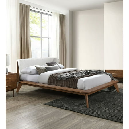 Bed Frame Walnut / Beige Color Full Size Bed 1pc Fabric Winged Edge Headboard Platform Bedframe Mattress Ready Mid-Century Modern Style Bed Frame Walnut / Beige Color Full Size Bed 1pc Fabric Winged Edge Headboard Platform Bedframe Mattress Ready Mid-Century Modern Style