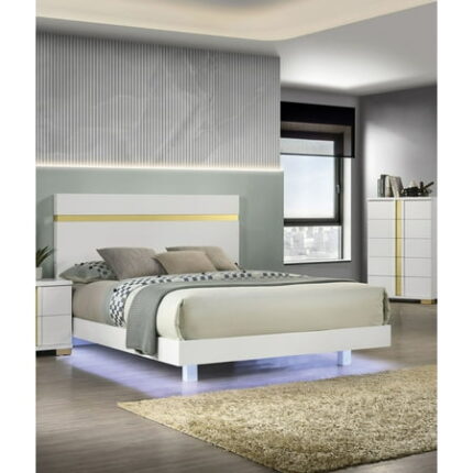 Bed Frame White 1pc Queen Size Bed Underbed LED Modern Bedroom Furniture Acrylic Trim Mattress Ready Bedframe