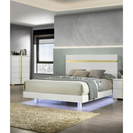 Bed Frame White 1pc Queen Size Bed Underbed LED Modern Bedroom Furniture Acrylic Trim Mattress Ready Bedframe