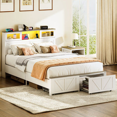 Bed Frame With Headboard, Bed Frame With Charging Station, Led Beds With 2 Storage Drawers, Farmhouse Bedframe, Noise-free And No Box Spring Needed
