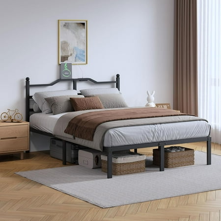 Bed Frame with Charging Station - 14 Inch Queen Size Heavy Duty Metal Bedframe with Headboard Black Basic Steel Slats Platform No Box Spring Needed Bed Frame with Charging Station - 14 Inch Queen Size Heavy Duty Metal Bedframe with Headboard Black Basic Steel Slats Platform No Box Spring Needed