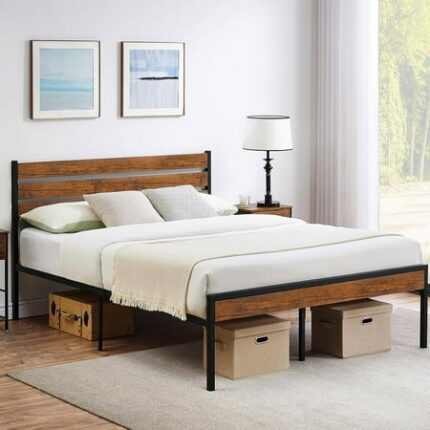 Bed Frame with Headboard Footboard Rustic Brown Wood Farmhouse Metal Platform Bedframe with Wooden Slat No Box Spring Needed Easy Assembly Farm House Base Beds Foundation