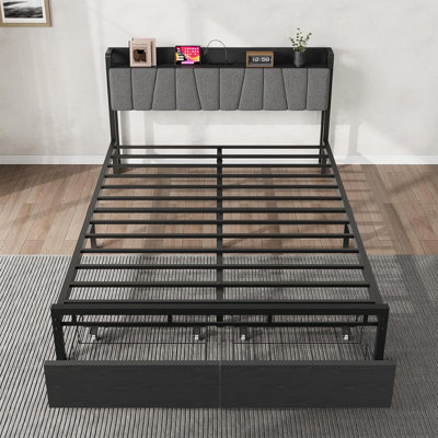 Bed Frame with Storage Headboard, with 2 Large Drawers and Charging Station, No Box Spring Needed Bedframe
