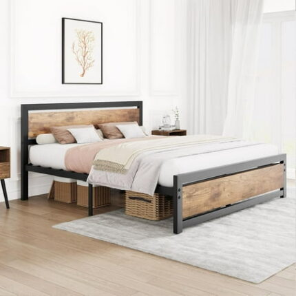 Bed Frame with Wooden Headboard Industrial Bed Platform Metal Bedframe No Box Spring Needed 14 inch Easy Assemble Noise Free Mattress Foundation Rustic Brown