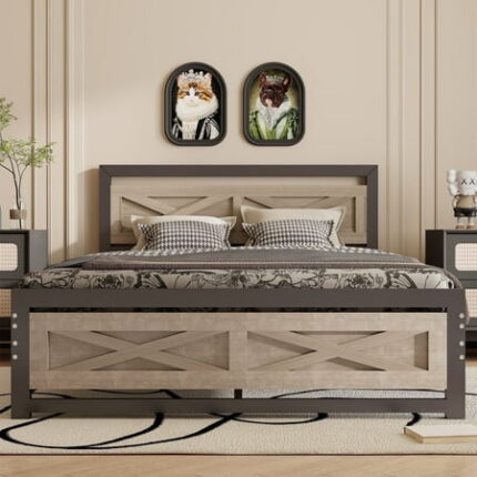 Behost Queen Bed Frame with Headboard and 11 Underbed Storage Metal Wood Platform Bedframe Queen Size Bedroom Furniture