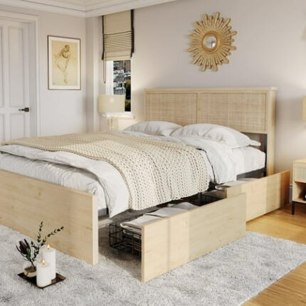 Brafab Natural Rattan Full Size Bed Frame with Wooden Headboard and 4 Storage Drawers Boho Natural Wood Bedframe Cane Oak Metal Platform Beds with Strong Wooden Slat Noise Free