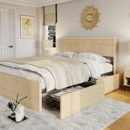 Brafab Natural Rattan Queen Size Bed Frame with Wooden Headboard and 4 Storage Drawers Boho Natural Wood Bedframe Cane Oak Metal Platform Beds with Strong Wooden Slat Noise Free