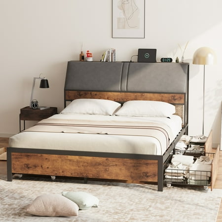 ChaoLink Full / Double Bed Frame with Tall Ergonomic Upholstered Headboard Charging Station & Hidden Storage 3-Tier Sturdy Metal Platform Bedframe Easy Assembly No Box Spring Needed Vintage ChaoLink Full / Double Bed Frame with Tall Ergonomic Upholstered Headboard Charging Station & Hidden Storage 3-Tier Sturdy Metal Platform Bedframe Easy Assembly No Box Spring Needed Vintage