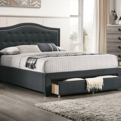 Charcoal Burlap Fabric 1Pcs Bed W Drawer Button Tufted Arch Design Headboard Storage FB Bedframe Bedroom Furniture, Bed Frame