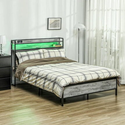 Demi Bonn Bed Frame with Storage & Upholstered Headboard LED Lights & Charging Station Feature Modern Bedframe Design Gray