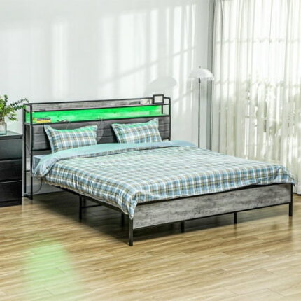 Demi Bonn King Bed Frame with Modern Storage Headboard LED Lighted Bedframe with Charging Station for Bedrooms Gray