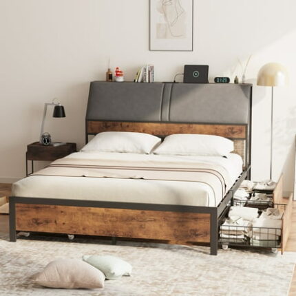 Eastvita Bed Frame with Tall Ergonomic Upholstered Headboard Charging Station & Hidden Storage 3-Tier Sturdy Metal Platform Bedframe Easy Assembly No Box Spring Needed Vintage