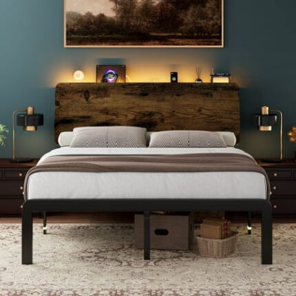 Einhomn Full Size Bed Frame with LED Light & Charging Station Wood Platform Bedframe with Storage Headboard Heavy Duty Metal Slats No Box Spring Needed Rustic