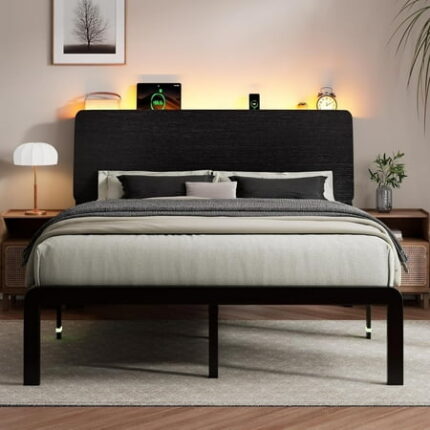 Einhomn Full Size Bed Frame with LED Light & Charging Station Wood Platform Bedframe with Storage Headboard Heavy Duty Metal Slats No Box Spring Needed Black