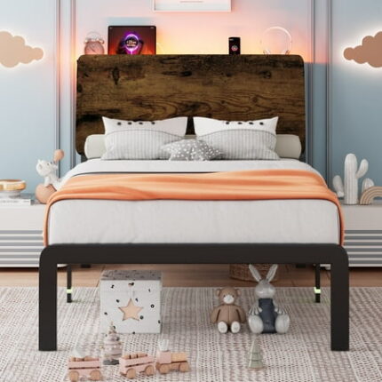 Einhomn Twin Size Bed Frame with LED Light & Charging Station Wood Platform Bedframe with Storage Headboard Heavy Duty Metal Slats No Box Spring Needed Rustic