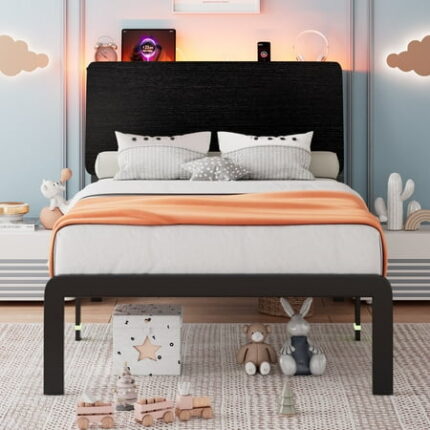 Einhomn Twin Size Bed Frame with LED Light & Charging Station Wood Platform Bedframe with Storage Headboard Heavy Duty Metal Slats No Box Spring Needed Black