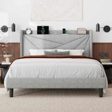 Feonase Queen Bed Frame with Charging Station Linen Upholstered Platform Bedframe with Wingback Headboard Solid Wood Slats Support Noise Free No Box Spring Needed Light Grey