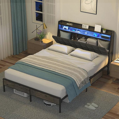 Full Bed Frame, Ergonomic Headboard with Multi-Space Storage, Bedframe with Charging Station RGB LED Lights