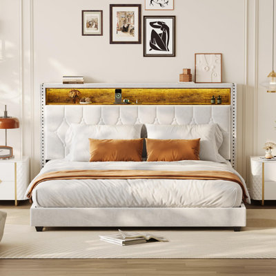 Full Bed Frame with LED Lights, Headboard with Built-in Charging Station, Velvet Upholstered and Nailhead Trim Wingback Bedframe, Wood Slats Support,