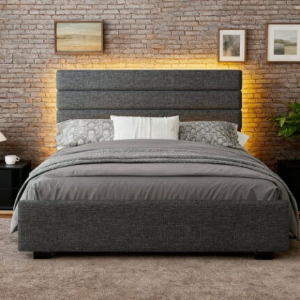 Full Bed Frame with Upholstered Headboard Full Platform Bed Frame with LED Lights Modern BedFrame No Box Spring Needed Dark Gray