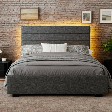 Full Bed Frame with Upholstered Headboard Full Platform Bed Frame with LED Lights Modern BedFrame No Box Spring Needed Dark Gray Full Bed Frame with Upholstered Headboard Full Platform Bed Frame with LED Lights Modern BedFrame No Box Spring Needed Dark Gray