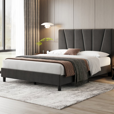 Full Size Bed Frame With Adjustable Headboard Linen Upholstered Platform Bedframe With Strong Wooden Slats, Mattress Foundation, No Box Spring Neede