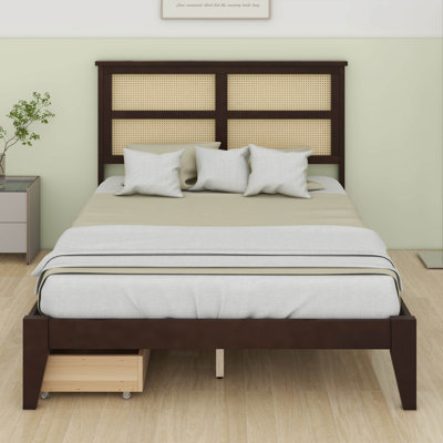 Full Size Bed Frame With Natural Rattan Headboard, Wooden Platform Bedframe With 2 Drawer, Under Bed Spacious Storage