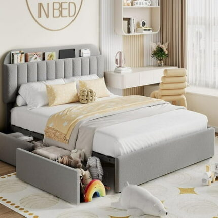 Full Size Bed Frame with 2 Storage Drawers Bedframe with Storage Headboard Upholstered Bed Frame No Box Spring Needed Easy Assembly Grey