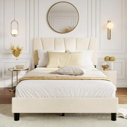 Full Size Bed Frame with Adjustable Headboard Velvet Upholstered Tufted Twin Platform Bedframe with Strong Wooden Slats Mattress Foundation No Box Spring Needed Easy Assembly Beige