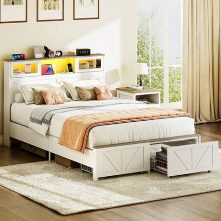 Full Size Bed Frame with Headboard Full Bed Frame with Charging Station LED Beds with 2 Storage Drawers Wood Farmhouse Bedframe White